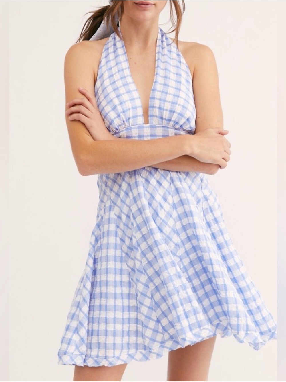 Free People Blue and White Gingham Halter Backless Dress